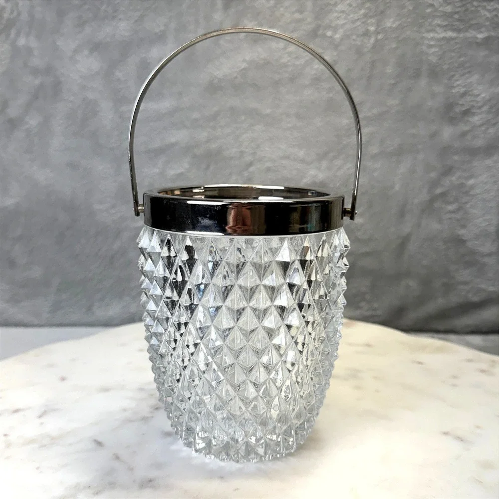 Vintage English Cut Glass Ice Bucket Silver Rim‎ Swing Handle Diamond Point Bar